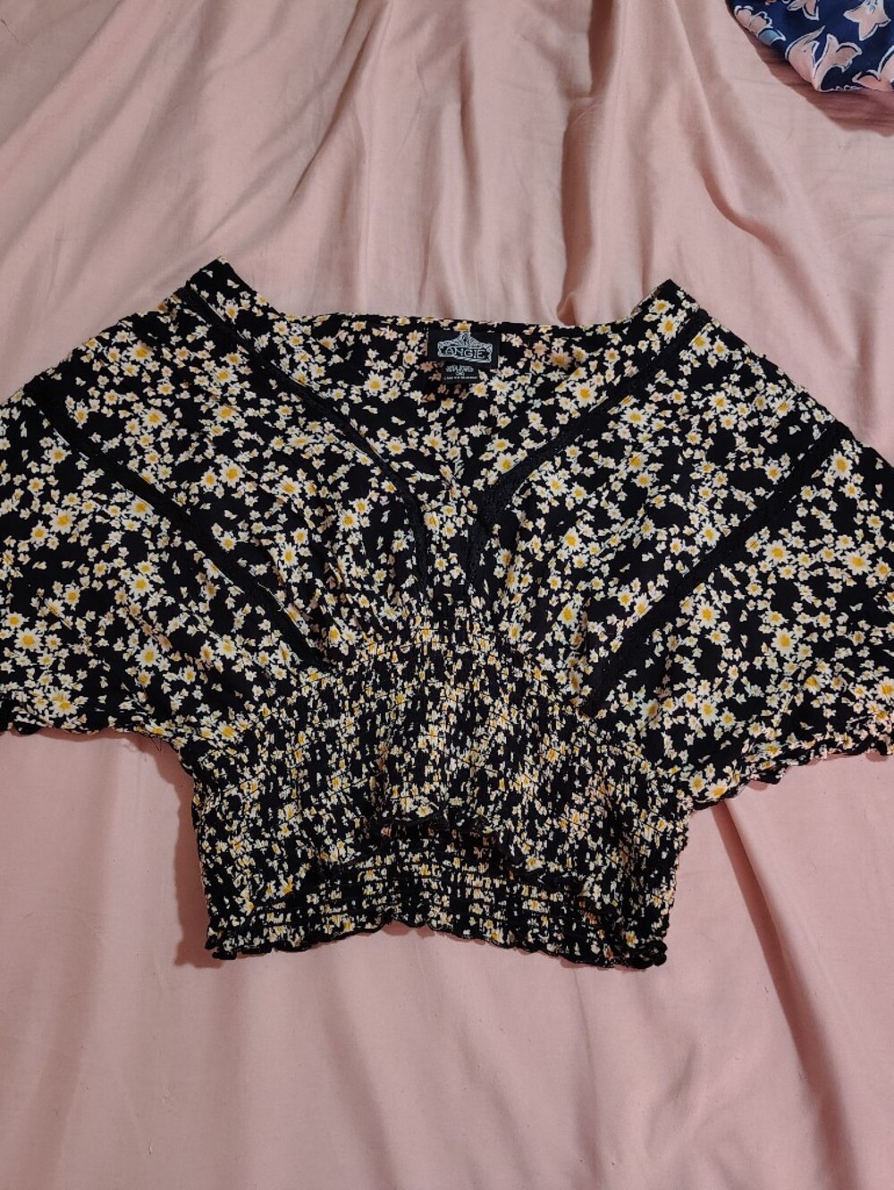 Floral Smocked Waist Black and Yellow Women’s Top